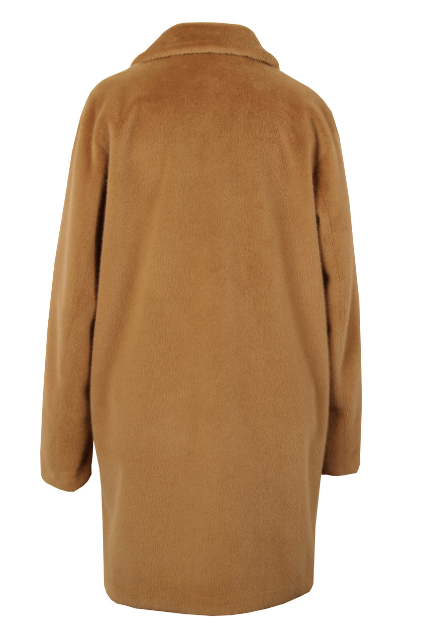 Mannequin-Aufnahme des braunen Webpelzmantels für Damen – Rückansicht