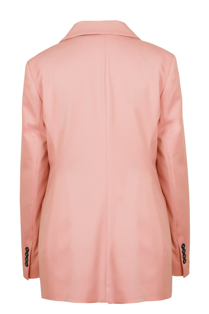 Mannequin-Aufnahme des rosafarbenen Blazers für Damen mit Reverskragen und Spitzfacon – Rückansicht