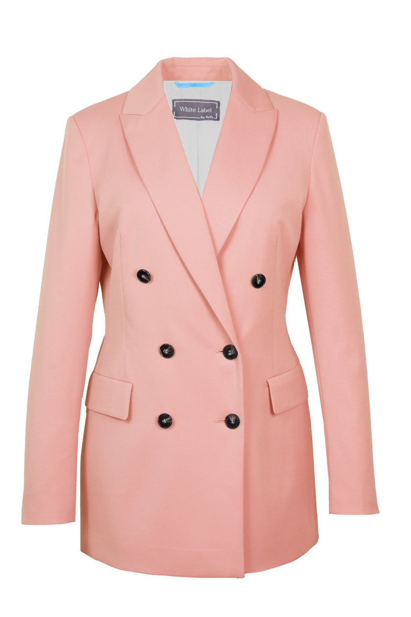 Mannequin-Aufnahme des rosafarbenen Blazers für Damen mit Reverskragen und Spitzfacon – Vorderansicht