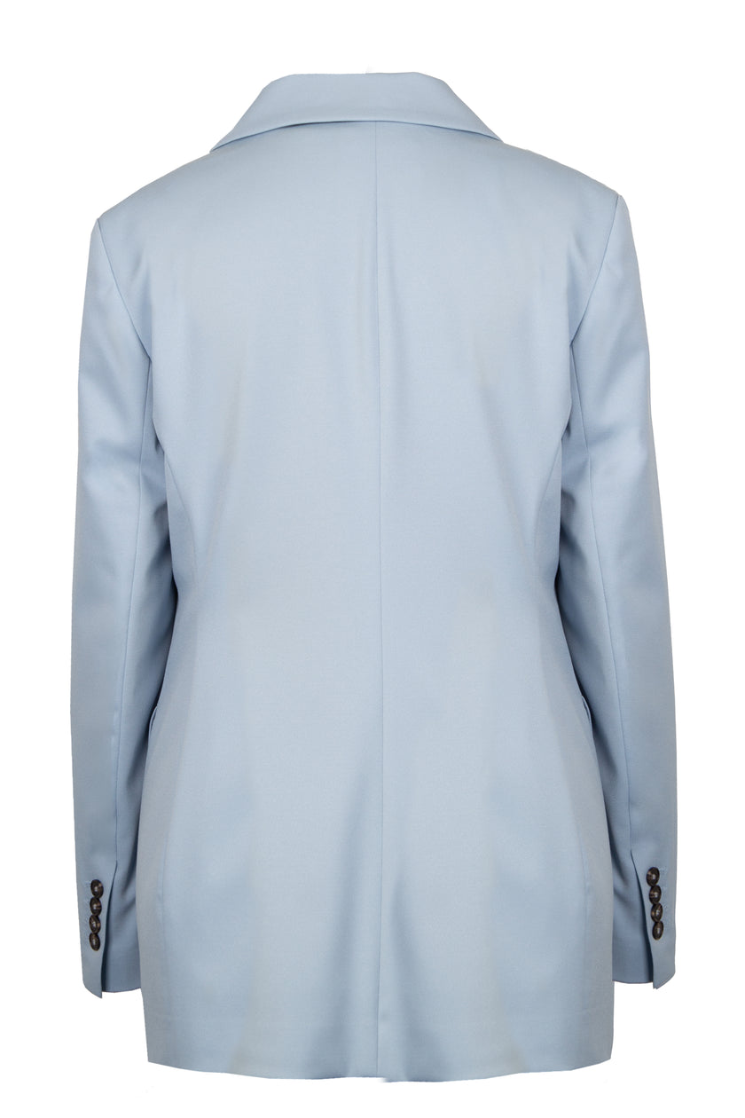 Mannequin-Aufnahme des hellblauen Blazers für Damen mit Reverskragen, Spitzfacon und Pattentaschen – Rückansicht