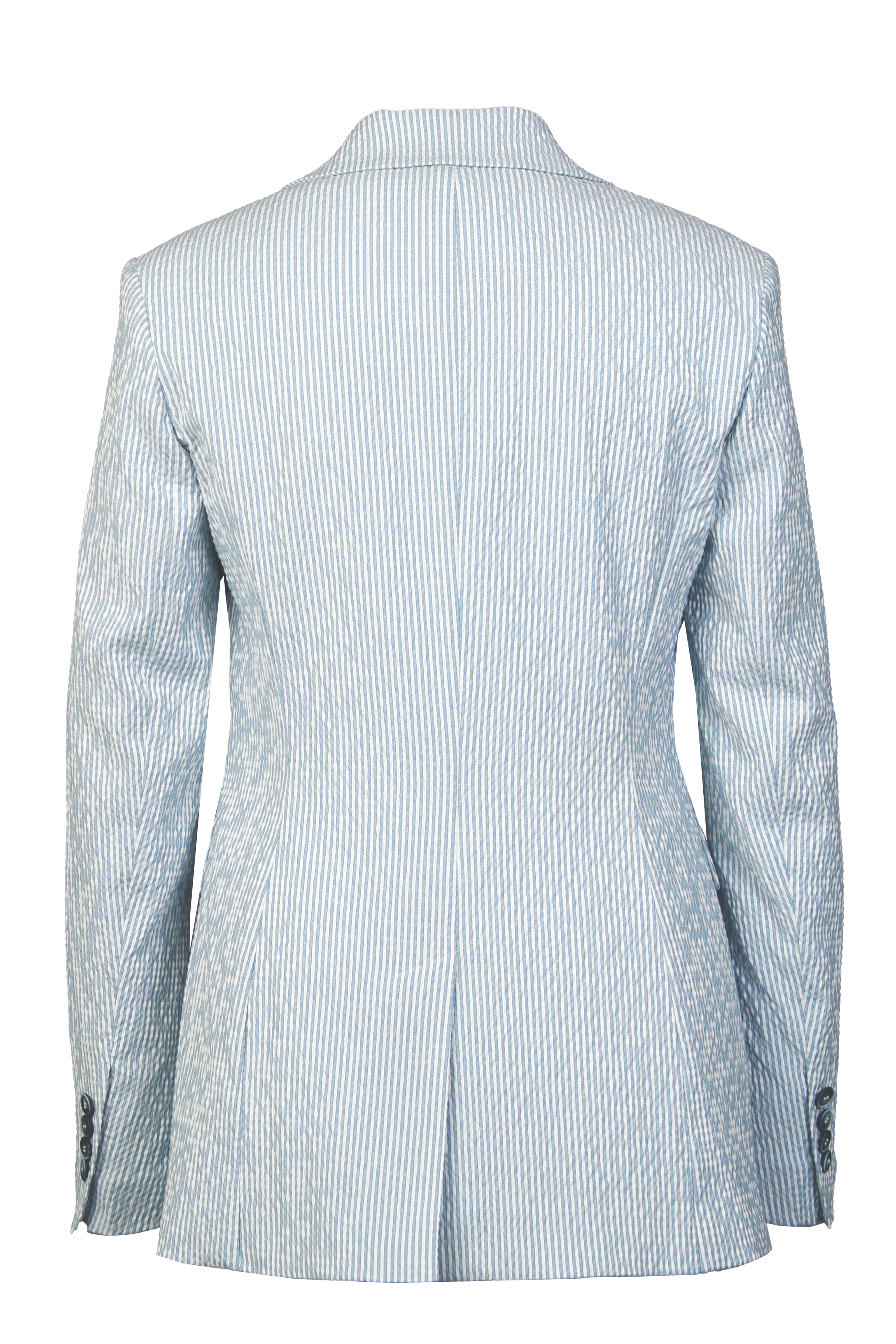 Mannequin-Aufnahme des längs gestreiften Seersucker-Blazers in den Farben Hellblau und Weiß – Rückansicht