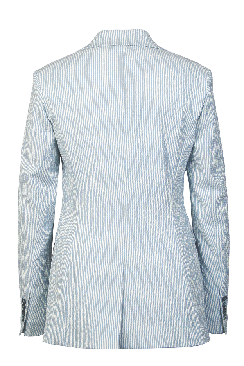 Mannequin-Aufnahme des längs gestreiften Seersucker-Blazers in den Farben Hellblau und Weiß – Rückansicht
