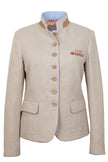 Mannequin-Aufnahme des beigen Damenjankers mit blauen Akzenten und buntem Einstecktuch – Vorderansicht