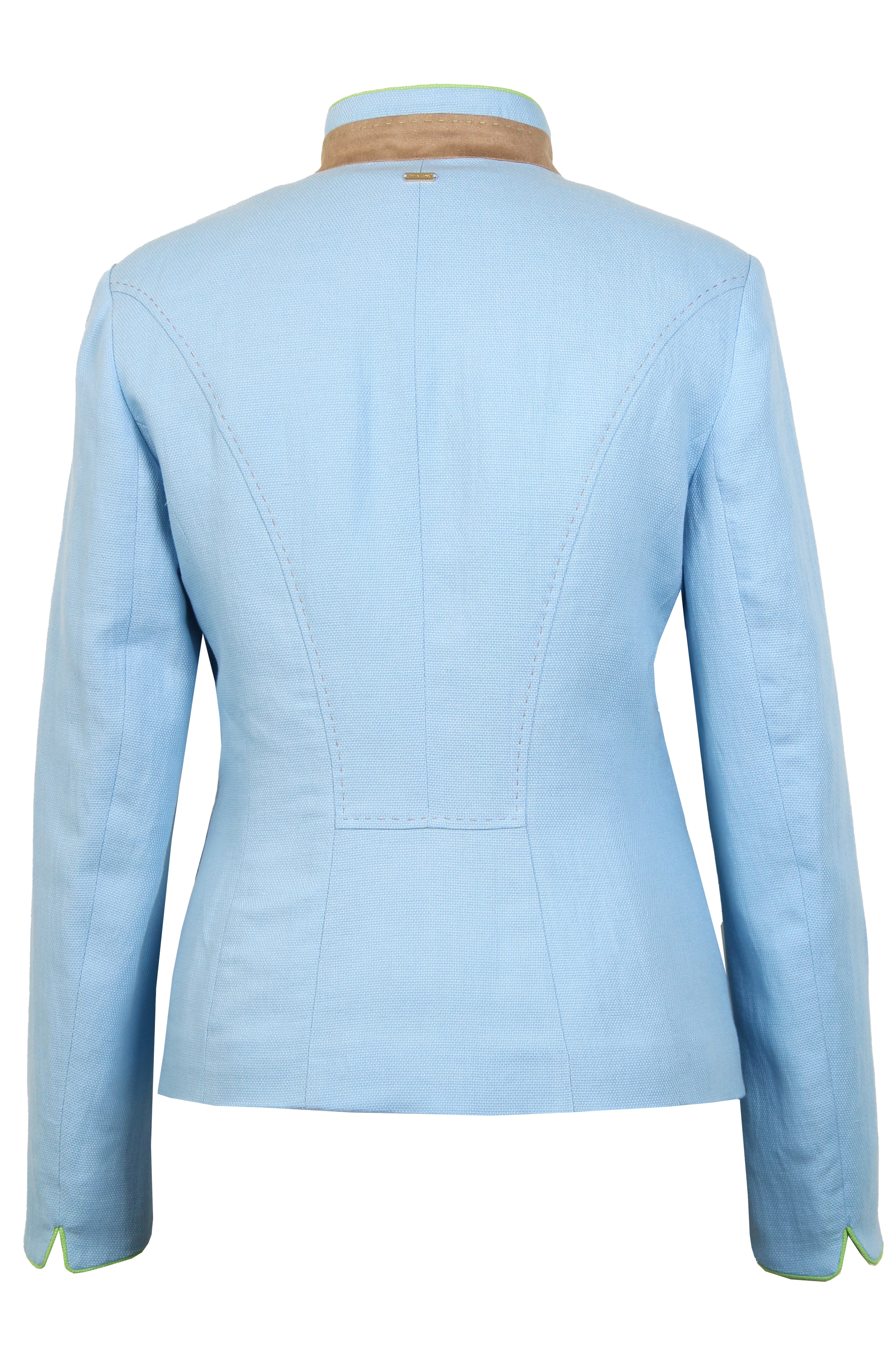 Mannequin-Aufnahme des hellblauen Damenjankers mit sichtbarem Stehkragen und Ärmelschlitzen – Rückansicht
