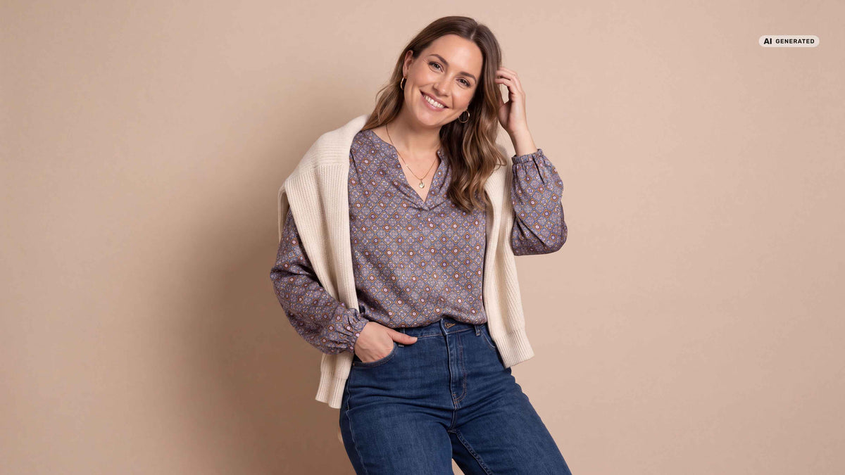 Das Model träft eine Satin Tunikabluse mit Muster.
