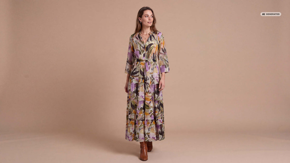 Model trägt langes Kleid mit Blumenprint in leichter Seidenmischung