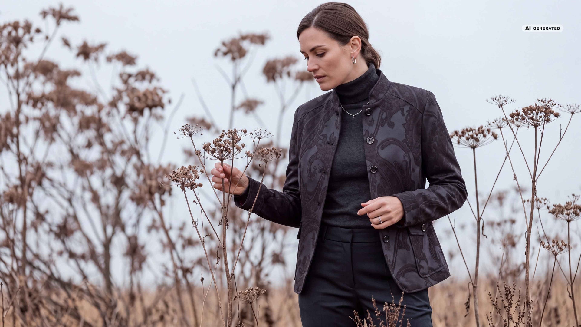 Das Model trägt einen Landhaus Look mit einem Jacquard Baumwoll Janker