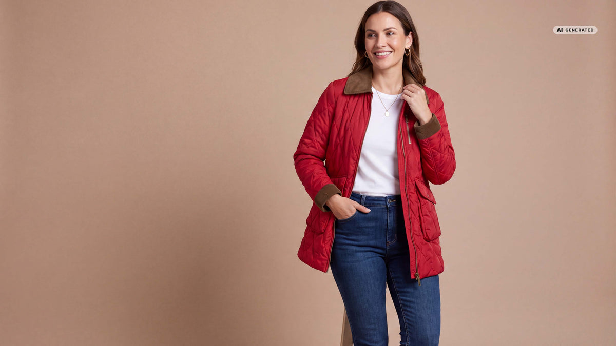 Model trägt rote Steppjacke mit Corddetails.