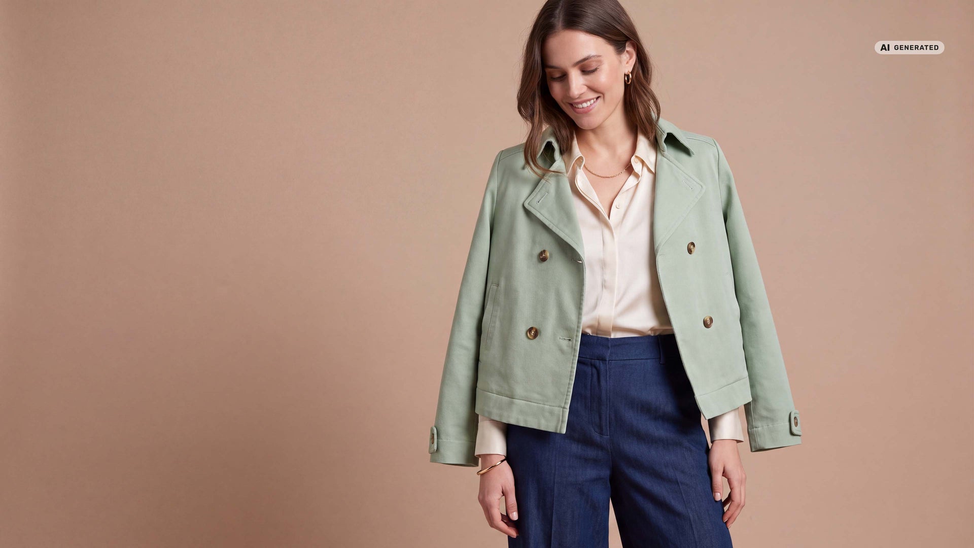Das Model trägt eine kurze Trenchjacke