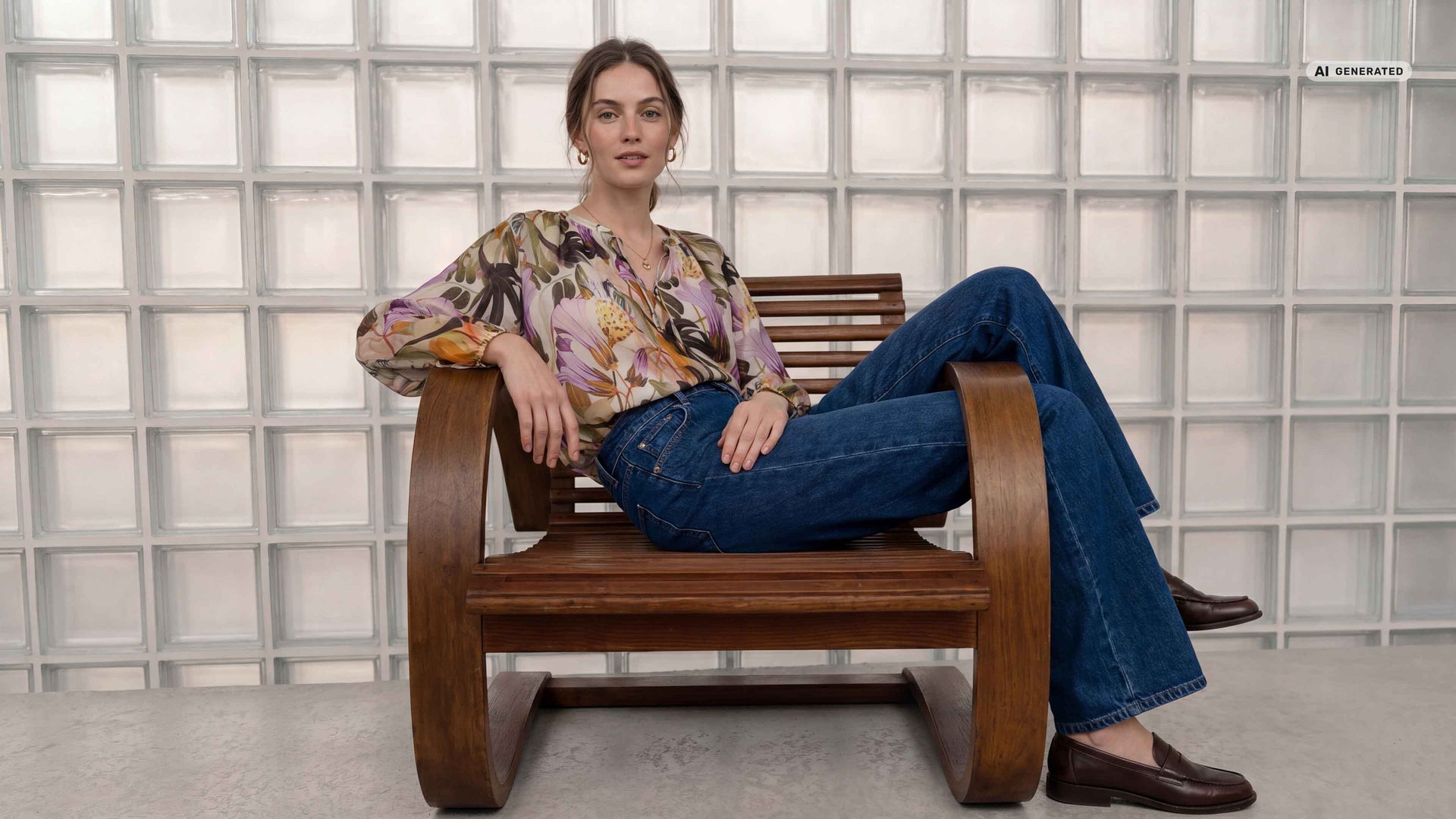 Model trägt leichte Bluse mit Blumeprint.