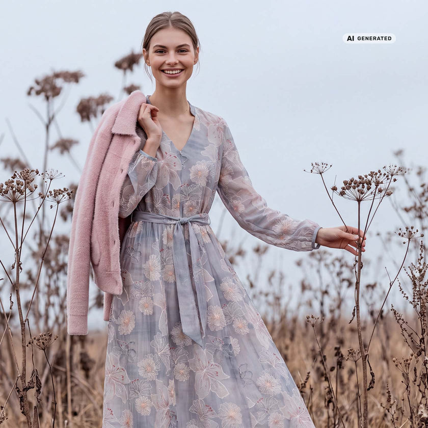 Model trägt Kleid in Kombination mit unserer kuscheligen Strickjacke