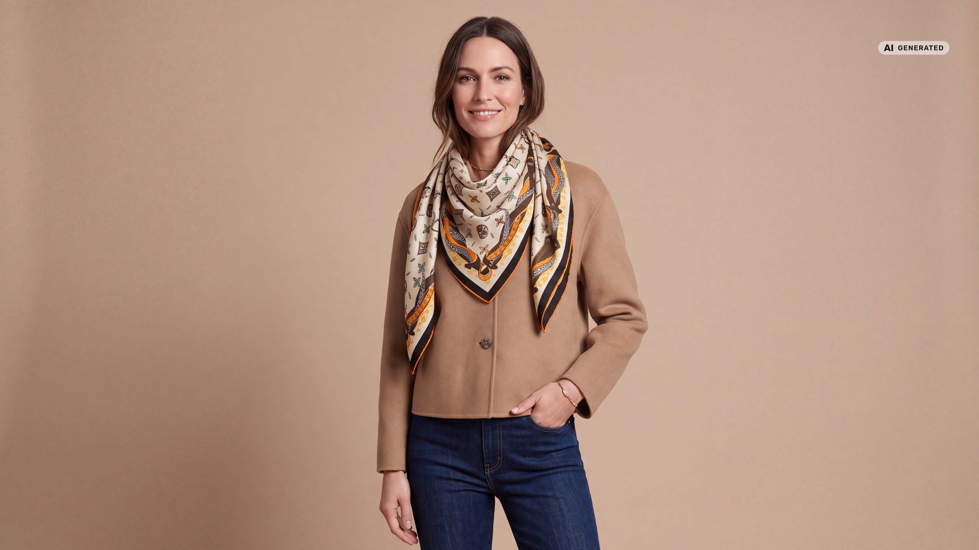 Model trägt braune leichte Jacke und dazu ein schönes Halstuch. 