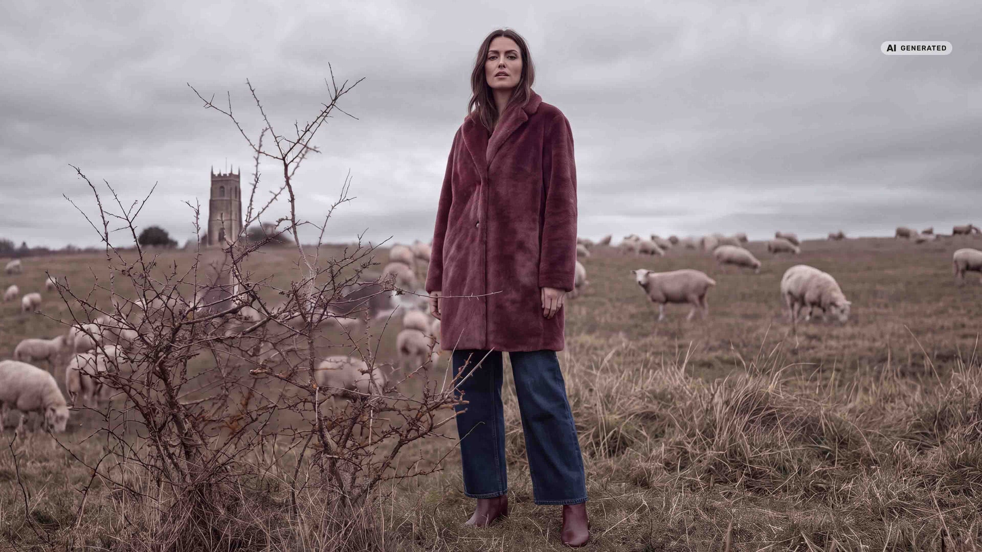Das Model trägt einen kuscheligen Faux Fur Mantel in dunklem rot.