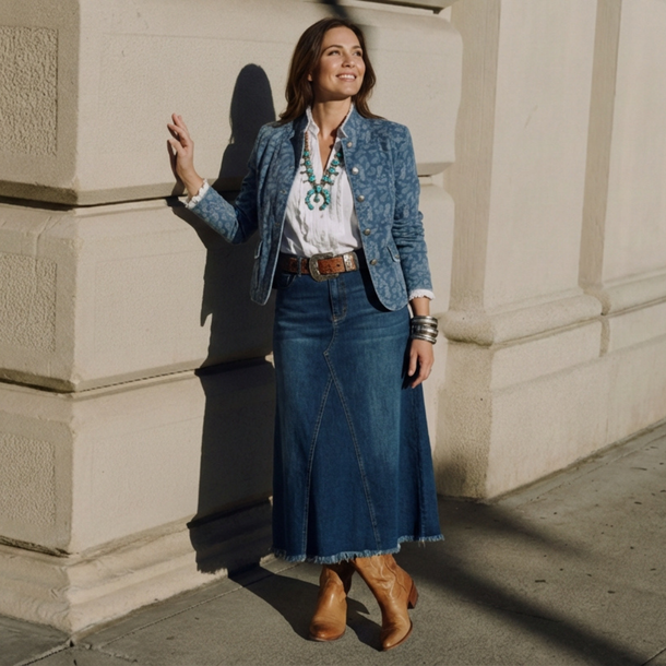 Model präsentiert einen ländlich inspirierten Look mit Jeansoptik-Janker.