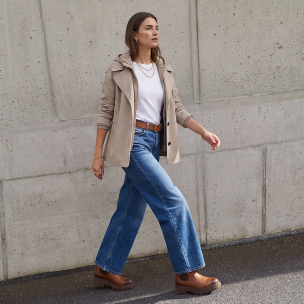 Model trägt taupefarbene Jacke in Cabanoptik mit Kapuzeneinsatz. 