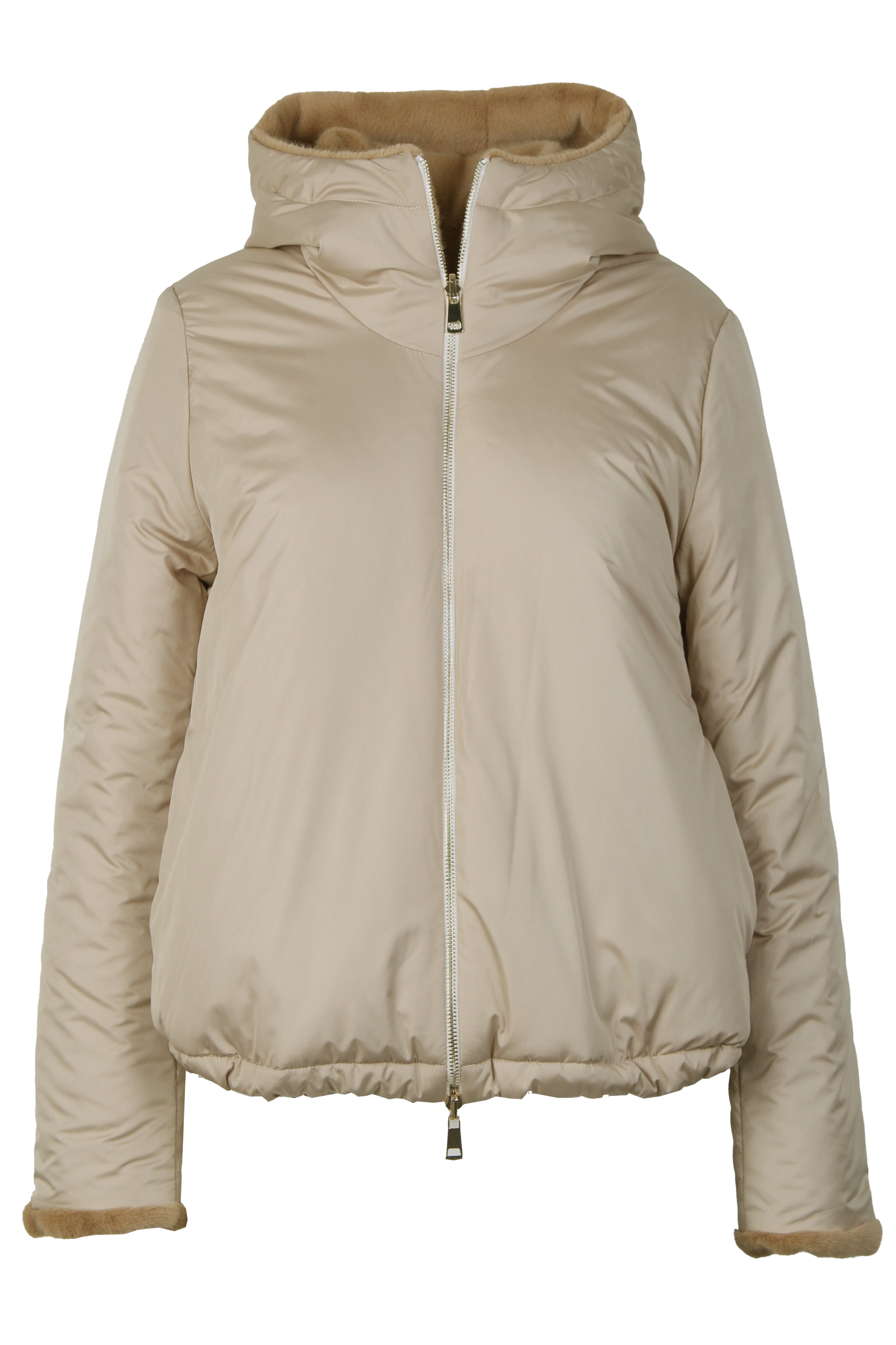 Wendejacke für Damen in der Farbe Braun mit Webpelz als Innenseite und glatter, hellbrauner Außenseite – Vorderansicht