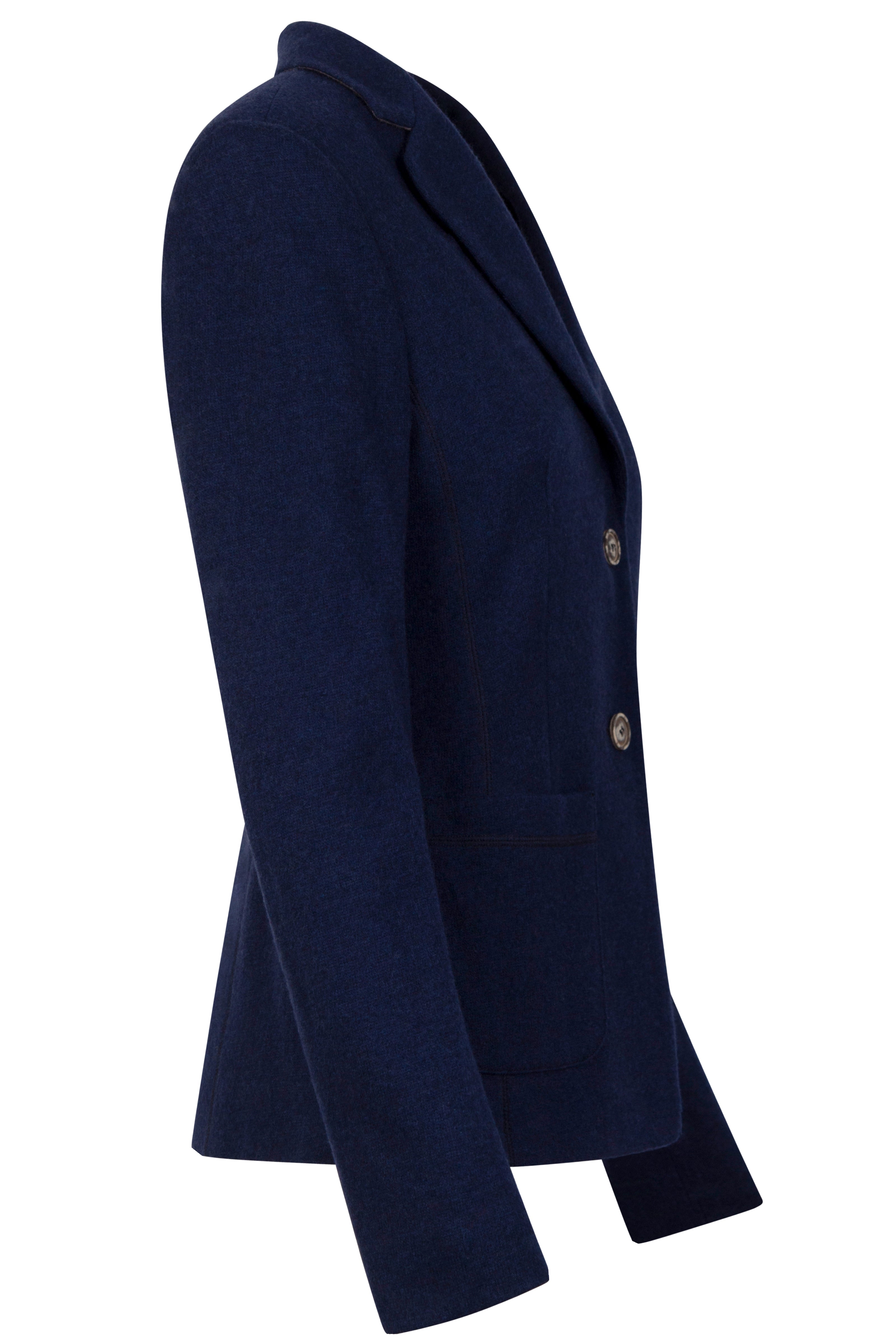 Klassisch designter Blazer für Damen in der Farbe Dunkelblau aus gestricktem Wollstoff mit Knopfleiste – rechte Seite