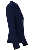 Klassisch designter Blazer für Damen in der Farbe Dunkelblau aus gestricktem Wollstoff mit Knopfleiste – rechte Seite