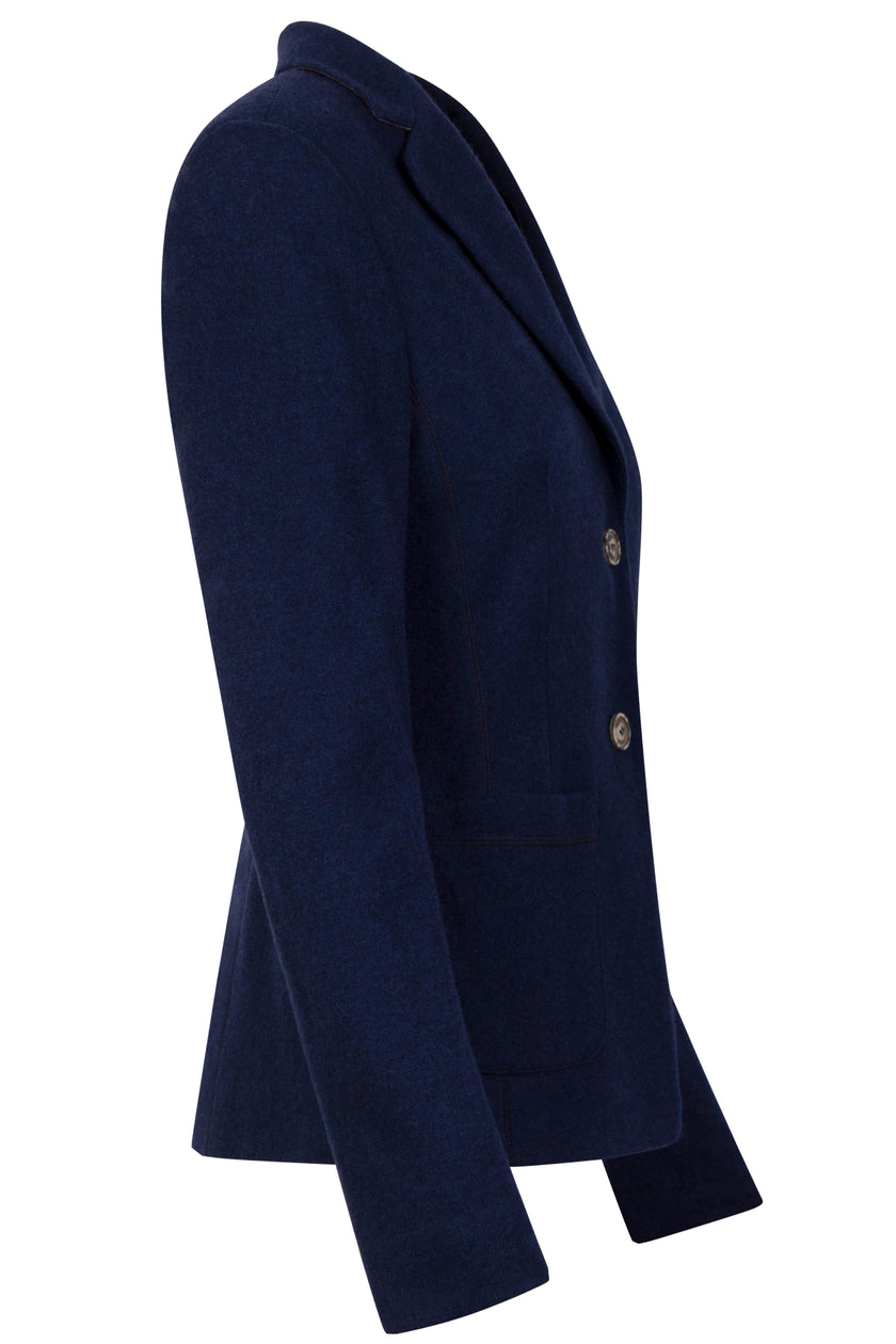 Klassisch designter Blazer für Damen in der Farbe Dunkelblau aus gestricktem Wollstoff mit Knopfleiste – rechte Seite