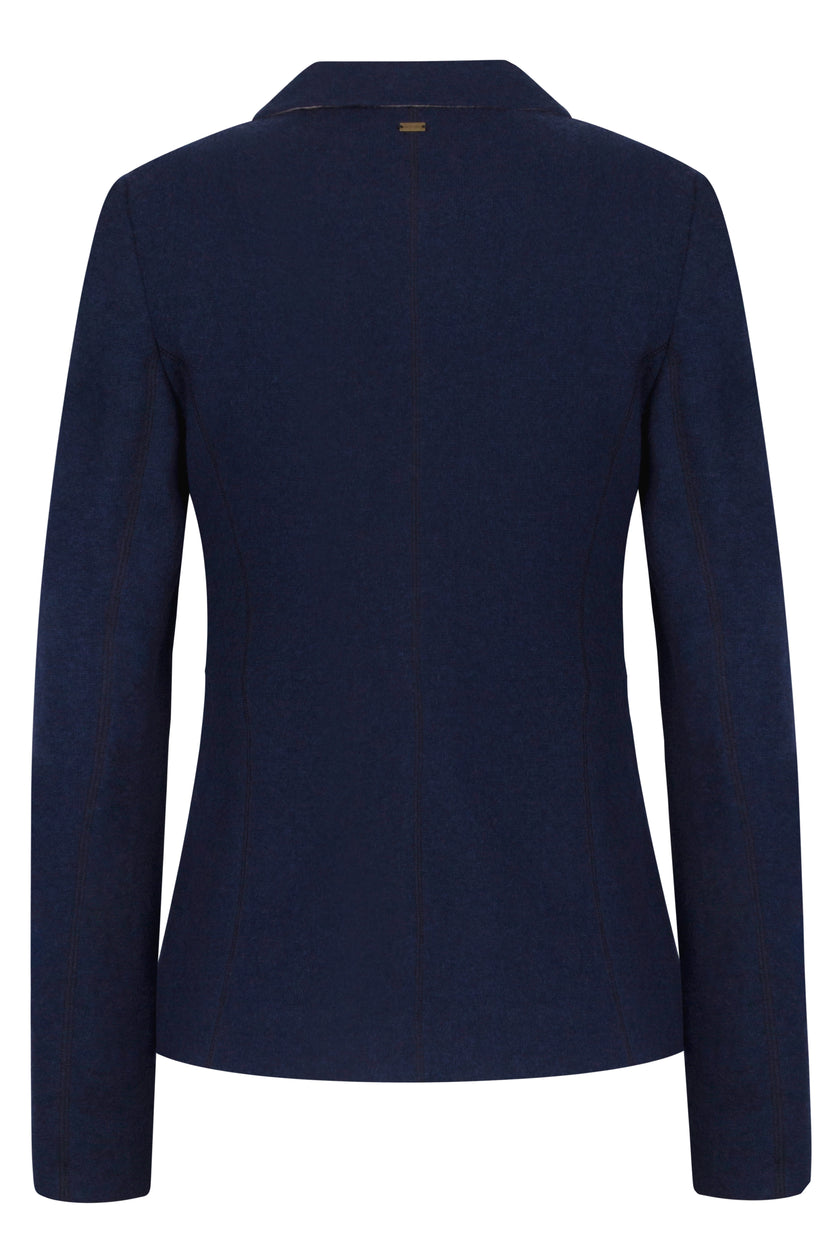 Klassisch designter Blazer für Damen in der Farbe Dunkelblau aus gestricktem Wollstoff mit Knopfleiste – Rückansicht