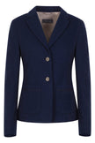Klassisch designter Blazer für Damen in der Farbe Dunkelblau aus gestricktem Wollstoff mit Knopfleiste – Vorderansicht