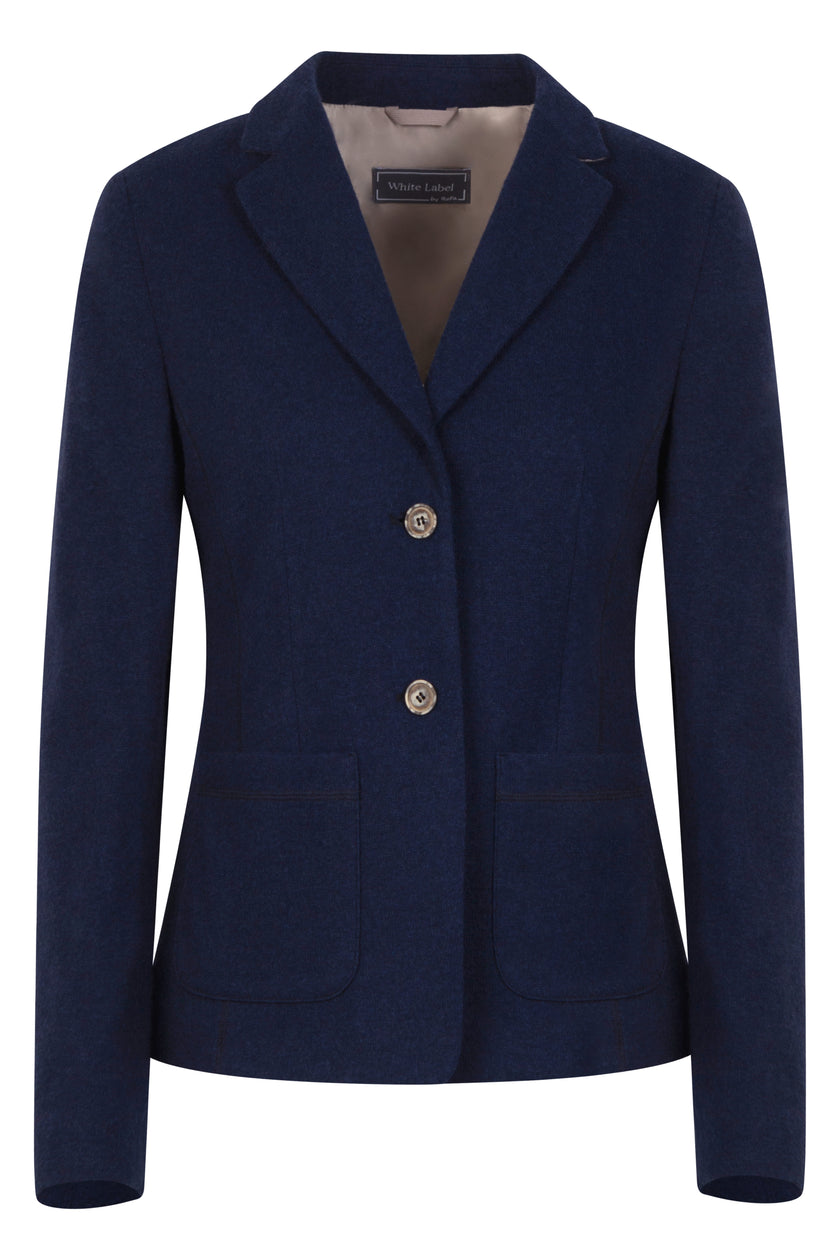 Klassisch designter Blazer für Damen in der Farbe Dunkelblau aus gestricktem Wollstoff mit Knopfleiste – Vorderansicht