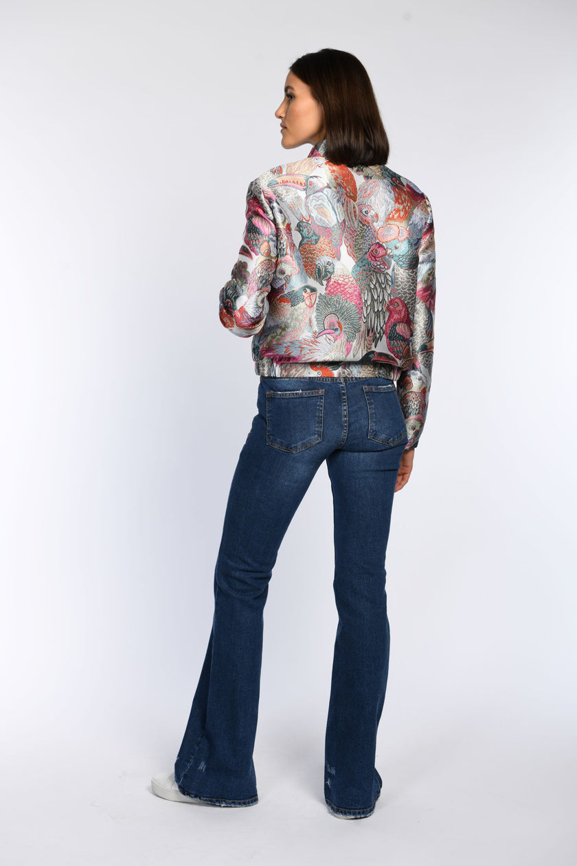 Locker geschnittenes Blouson aus Jacquard mit Vogelmuster und zartem Glanz – Rückenansicht
