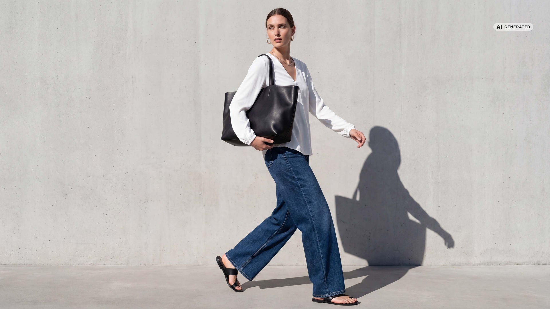 Model trägt weiße Bluse zur Jeans.