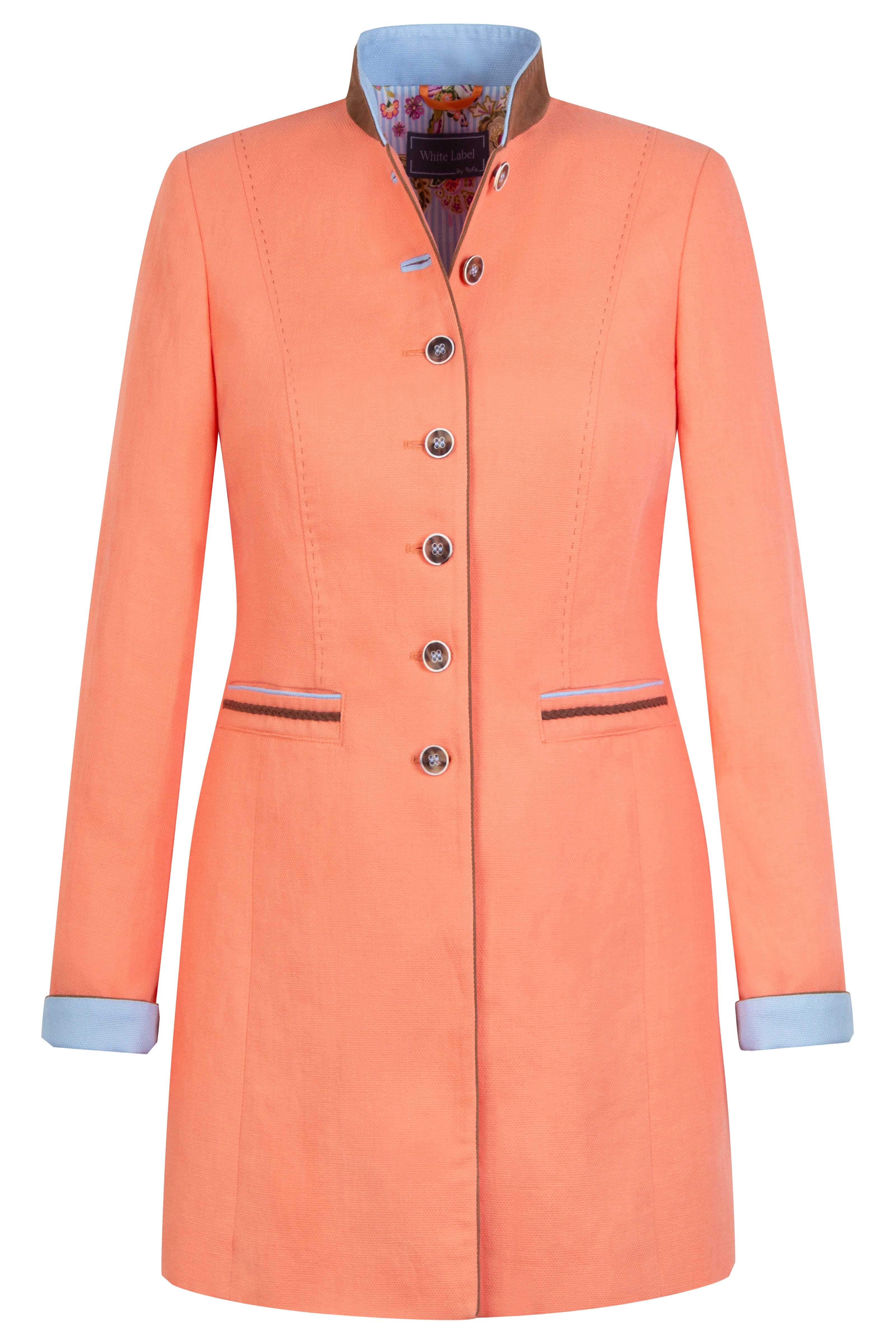 Freisteller: orangefarbener Gehrock mit Velourslederimitat-Stehkragen und Farbkontrasten an Kragen, Taschen und Ärmelsaum.