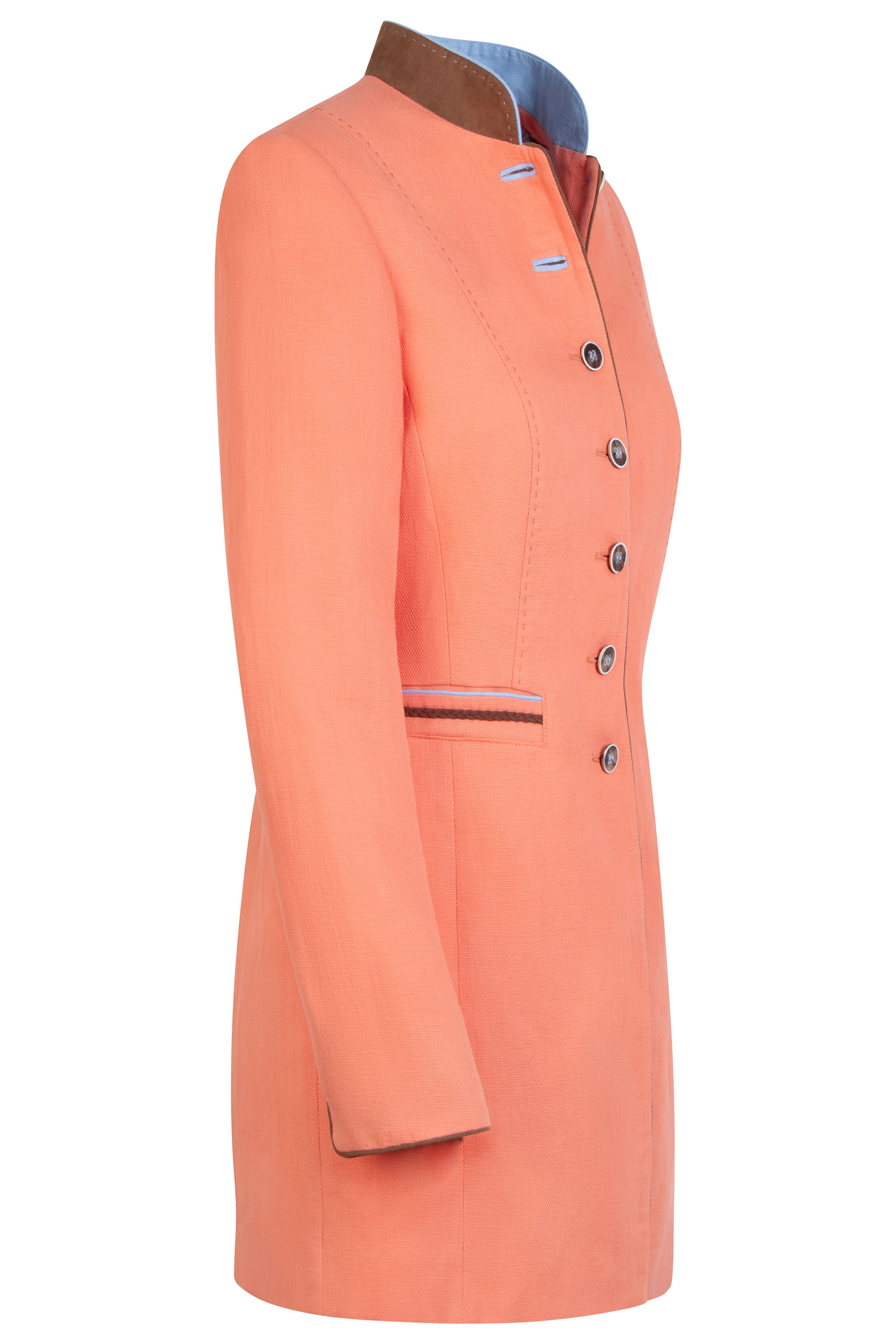 Freisteller eines tailliert geschnittenen orangefarbenen Gehrocks in Seitenansicht, mit Velourslederimitat-Stehkragen.