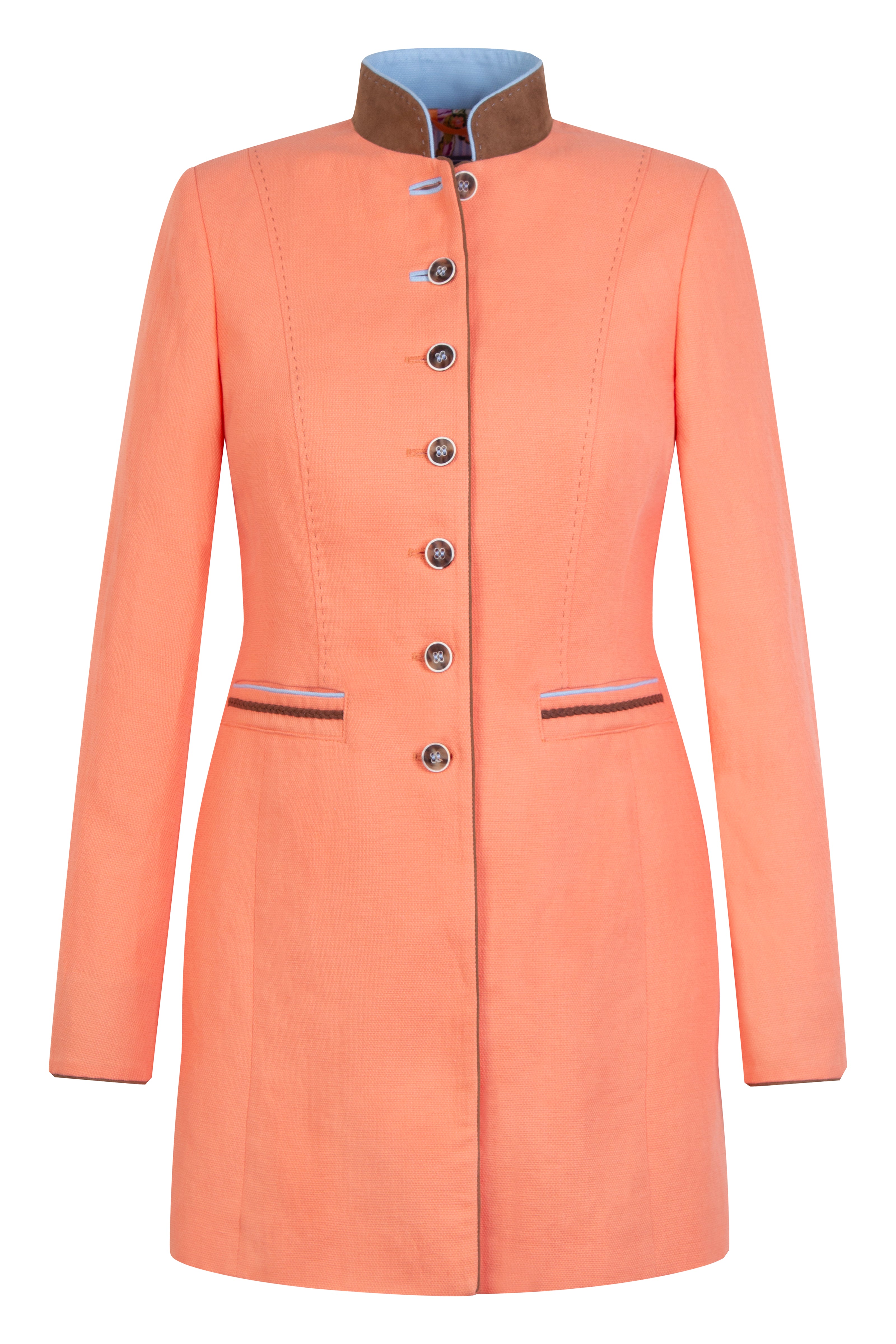 Freisteller eines orangefarbenen Gehrocks mit Farbkontrasten an Kragen, Taschen und Ärmelsaum.