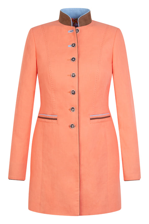 Freisteller eines orangefarbenen Gehrocks mit Farbkontrasten an Kragen, Taschen und Ärmelsaum.