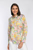 Nahaufnahme: Hemdbluse mit Kragen, farbenfrohen Allover-Print und langen Ärmeln.