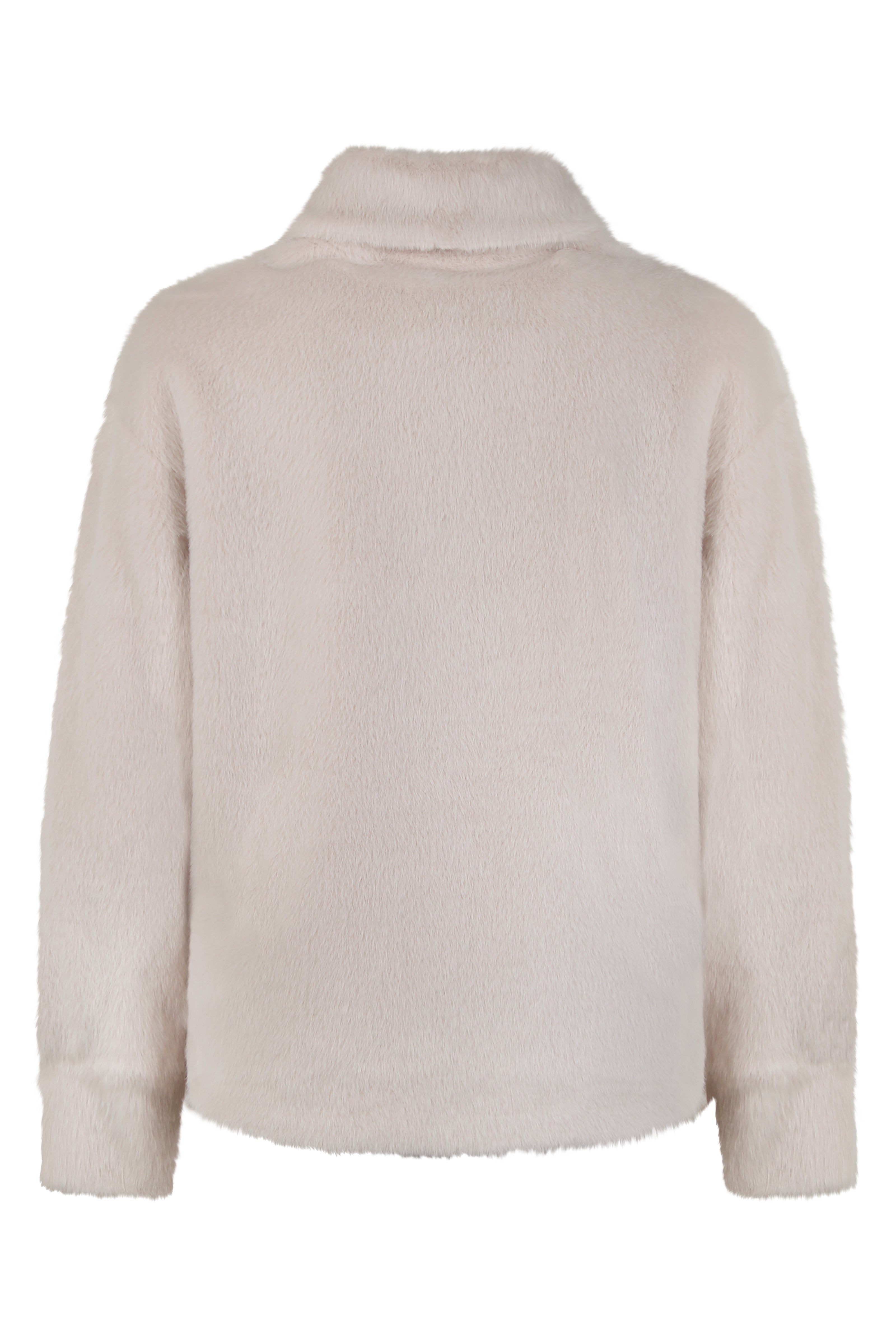 Cremefarbene, lässig geschnittene Damenjacke in Hemdoptik aus kuscheligem Webpelz – Rücken