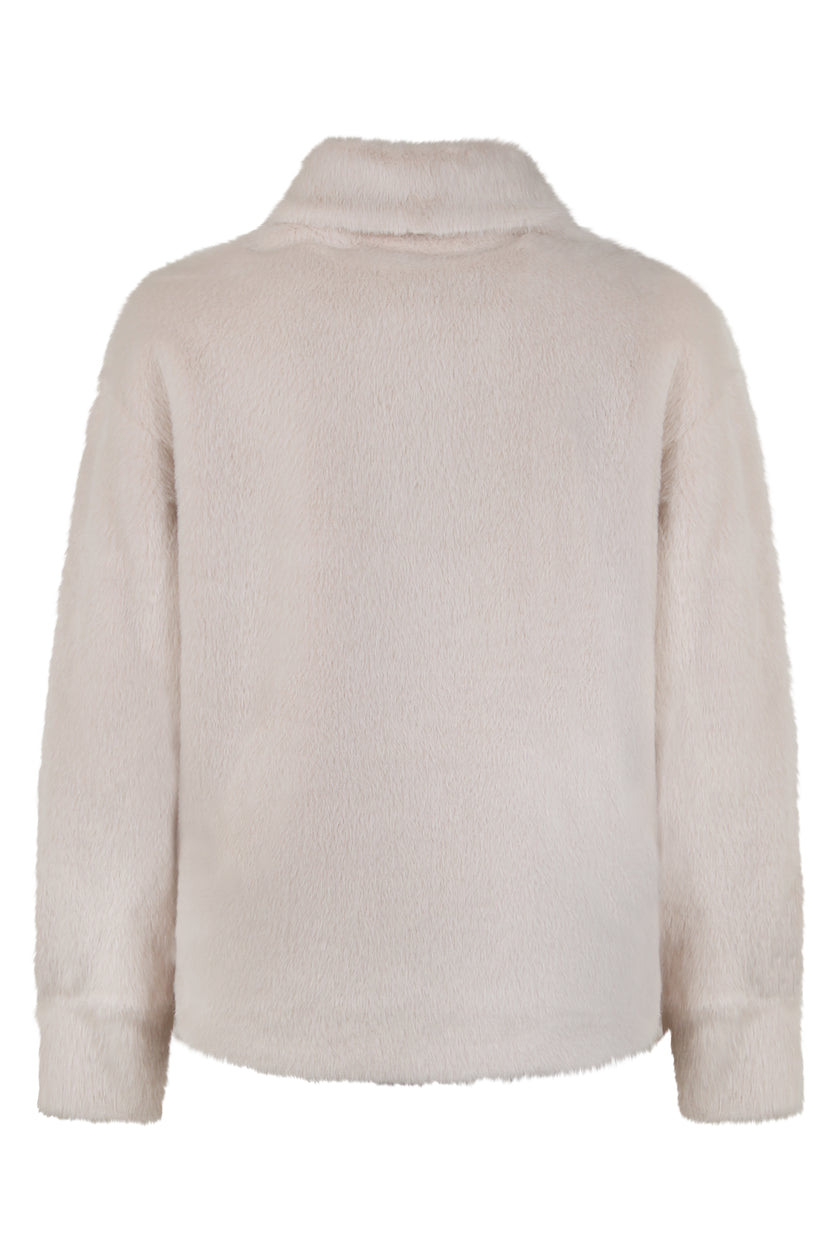 Cremefarbene, lässig geschnittene Damenjacke in Hemdoptik aus kuscheligem Webpelz – Rücken