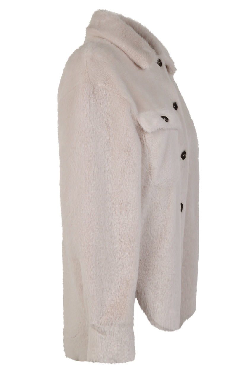 Cremefarbene, lässig geschnittene Damenjacke in Hemdoptik aus kuscheligem Webpelz – Seite