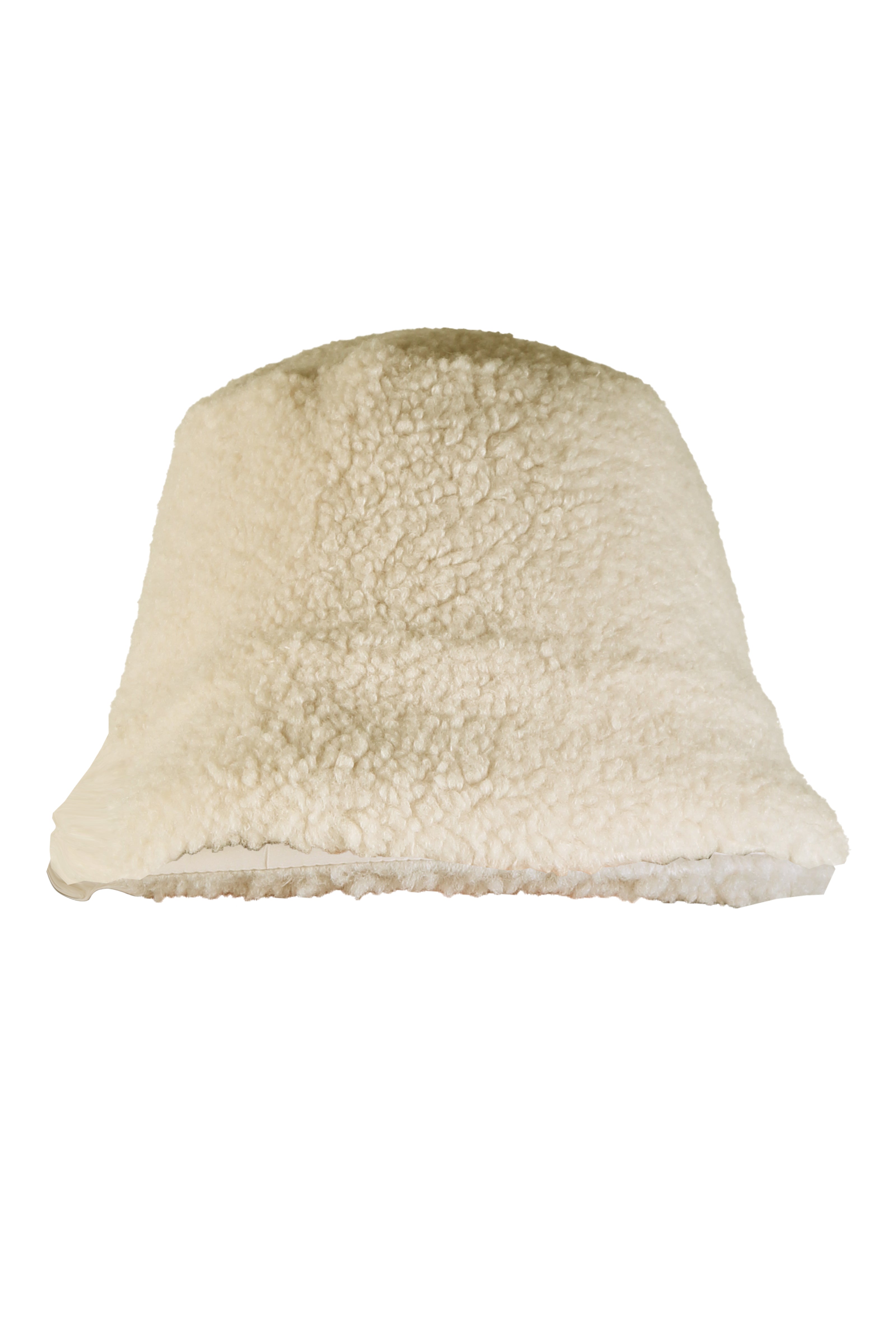 Mannequin-Aufnahme des flauschigen cremefarbenen Hutes aus Teddy-Webpelz mit breiter Krempe – Frontalaufnahme