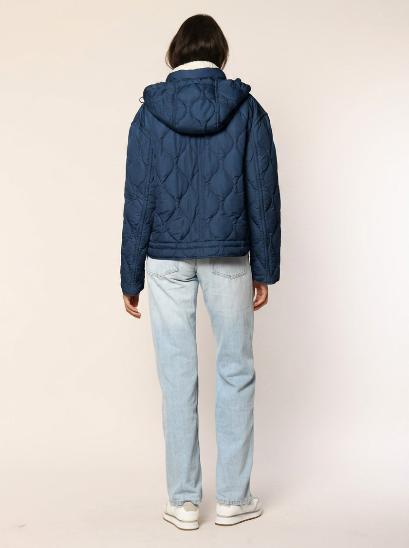 Gerade geschnittene Steppjacke mit Kapuze in der Farbe dunkelblau - Rückansicht.