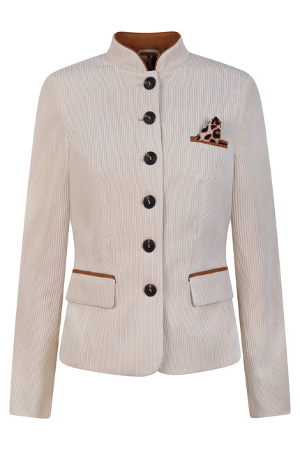 Mannequin-Aufnahme des cremefarbenen Cord-Blazers für Damen mit coolen Leo-Details – Vorderansicht