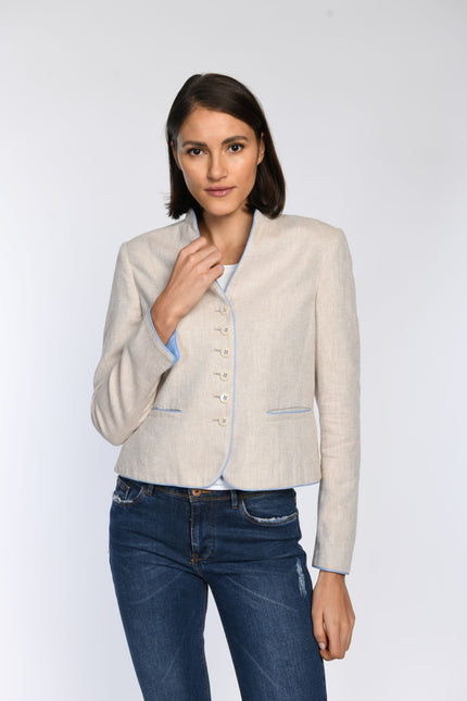 Leinen-Janker mit Ton-in-Ton Fischgratmuster, Stehkragen und Leistentaschen mit Kontrastpaspel am Eingriff.