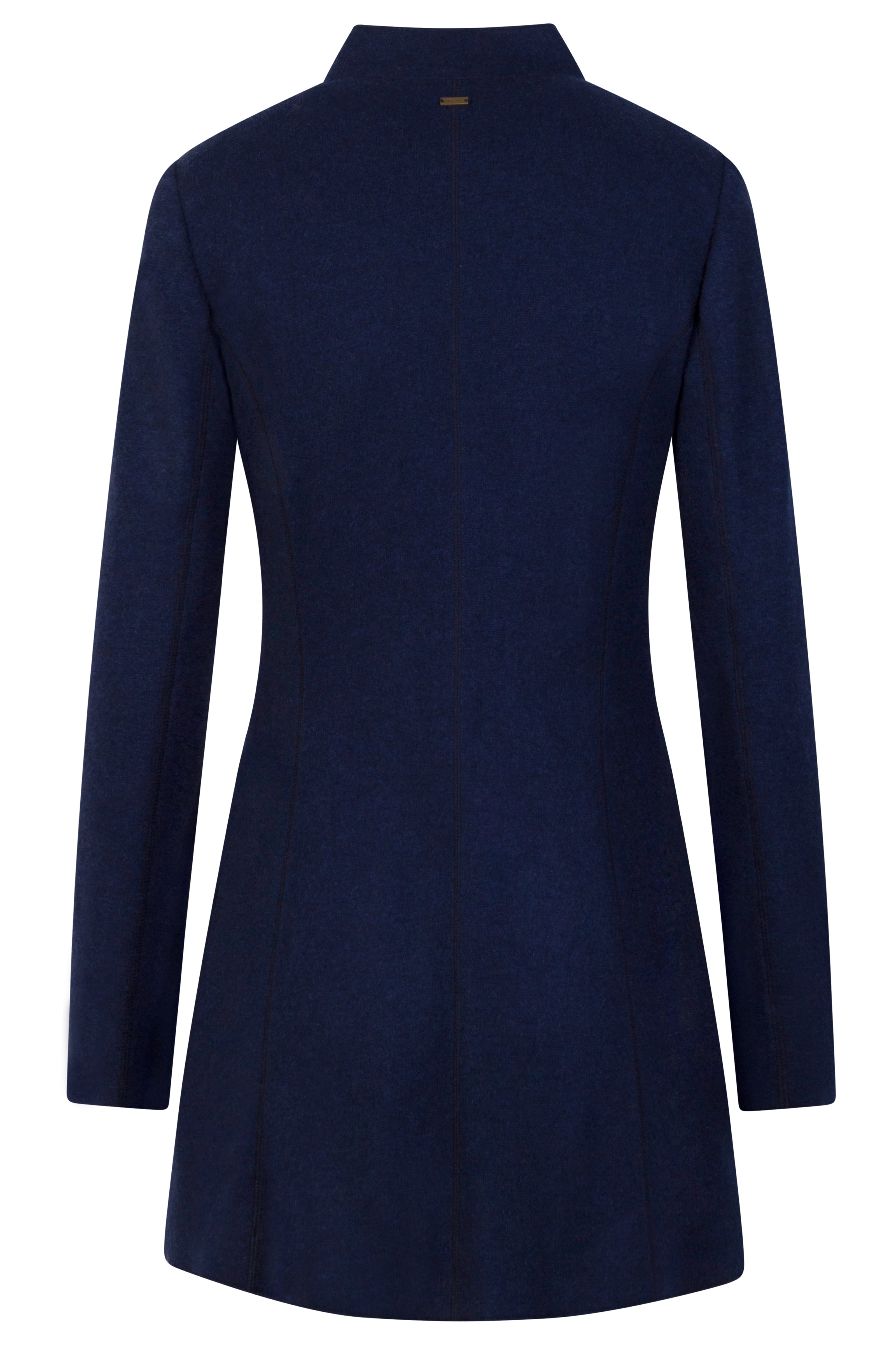 Dunkelblauer Gehrock für Damen mit Knopfleiste, aufgesetzten Taschen und Stehkragen – Rückansicht