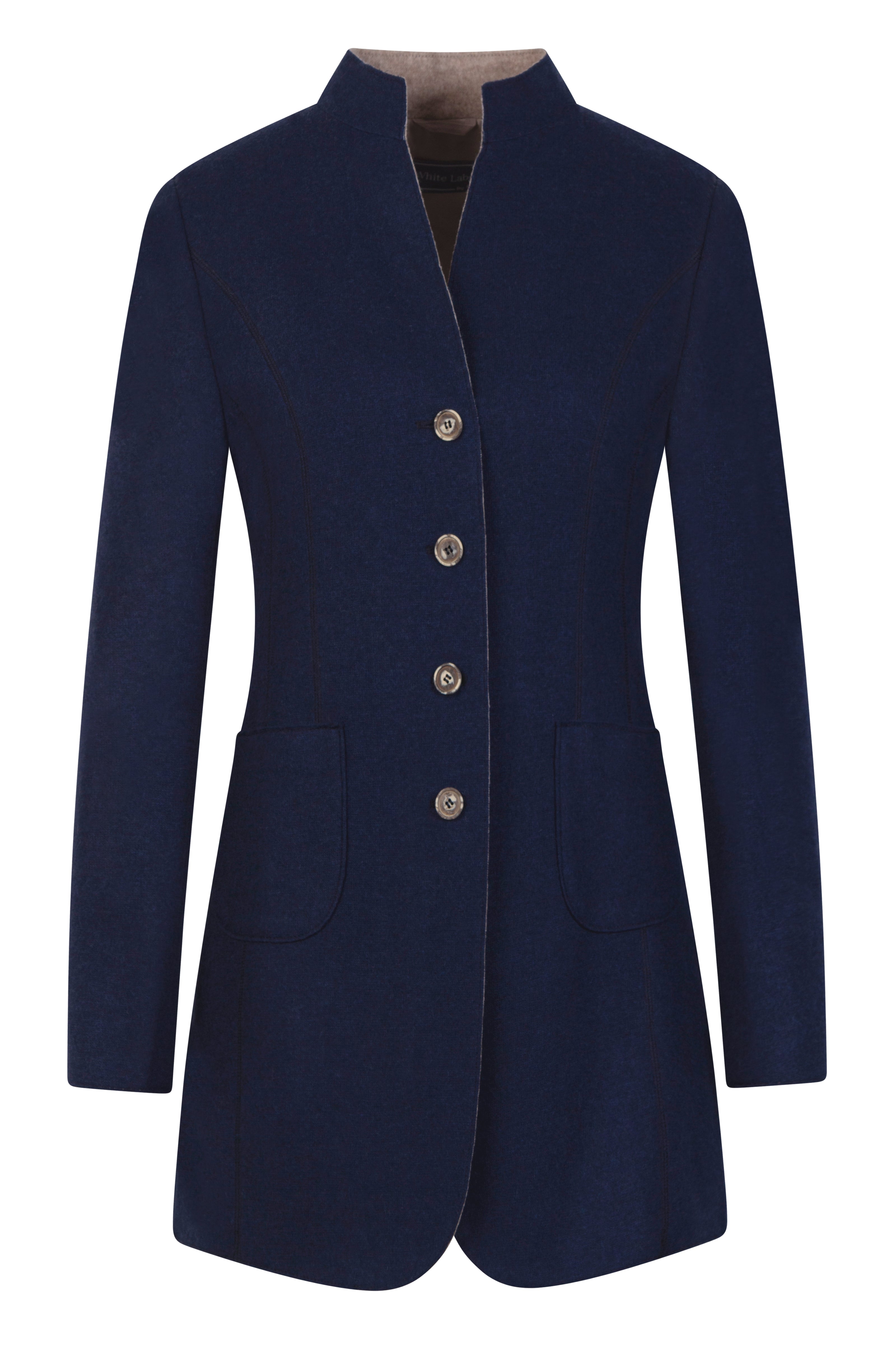 Dunkelblauer Gehrock für Damen mit Knopfleiste, aufgesetzten Taschen und Stehkragen – Vorderansicht