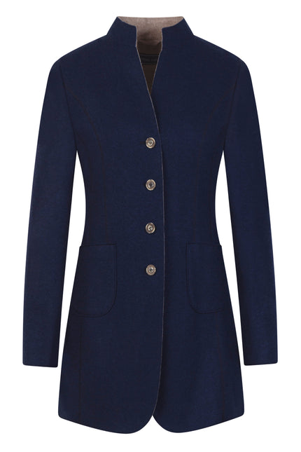 Dunkelblauer Gehrock für Damen mit Knopfleiste, aufgesetzten Taschen und Stehkragen – Vorderansicht