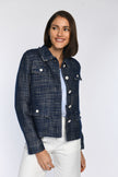 Gerade geschnittene Jacke im Denim-Look mit Fransendetails an Kragen und Pattenkante.
