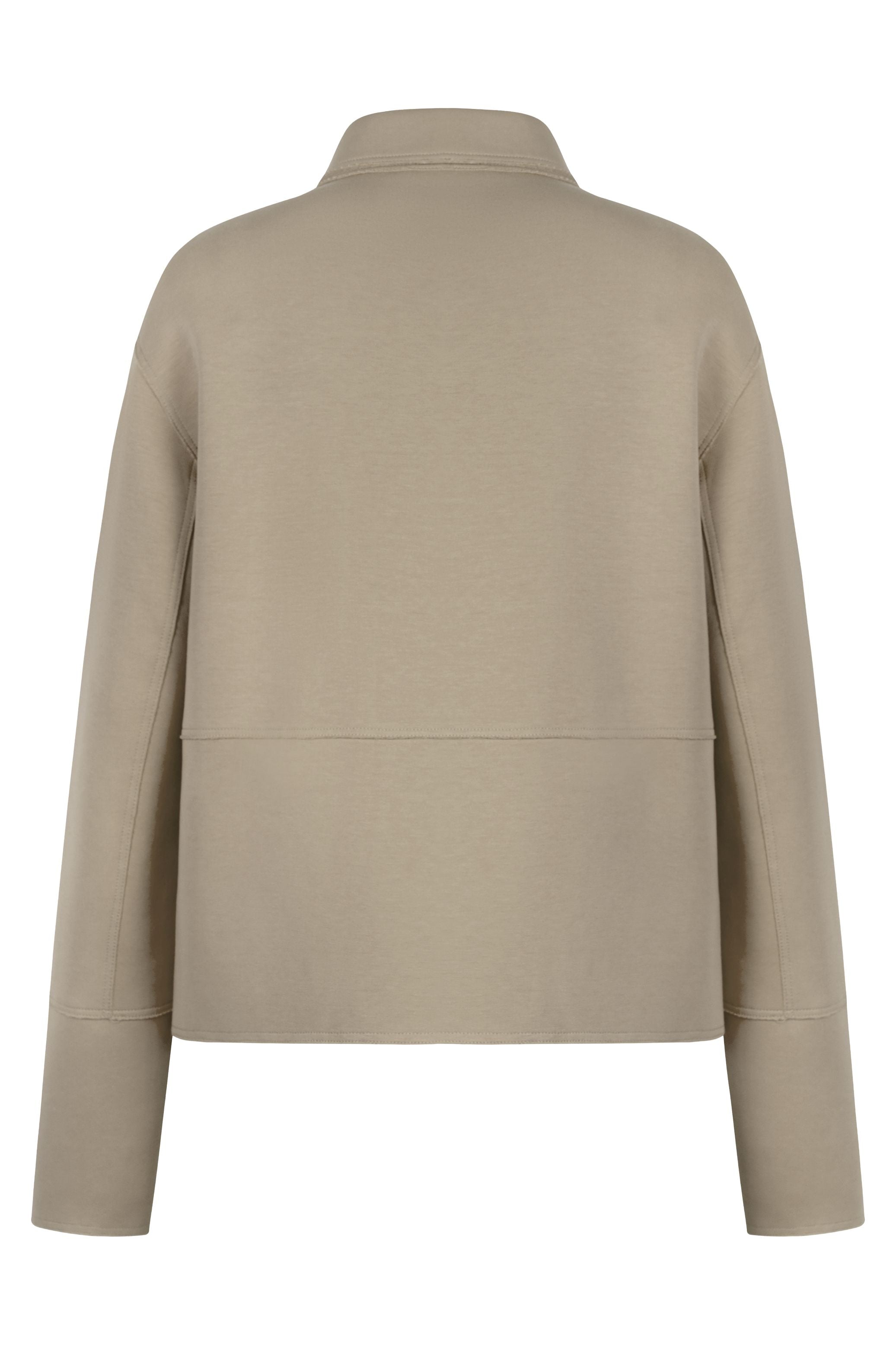 Langärmelige Kastenjacke aus Scuba in Taupe mit verdeckten Druckknöpfen und aufgesetzten Taschen - Rückansicht.