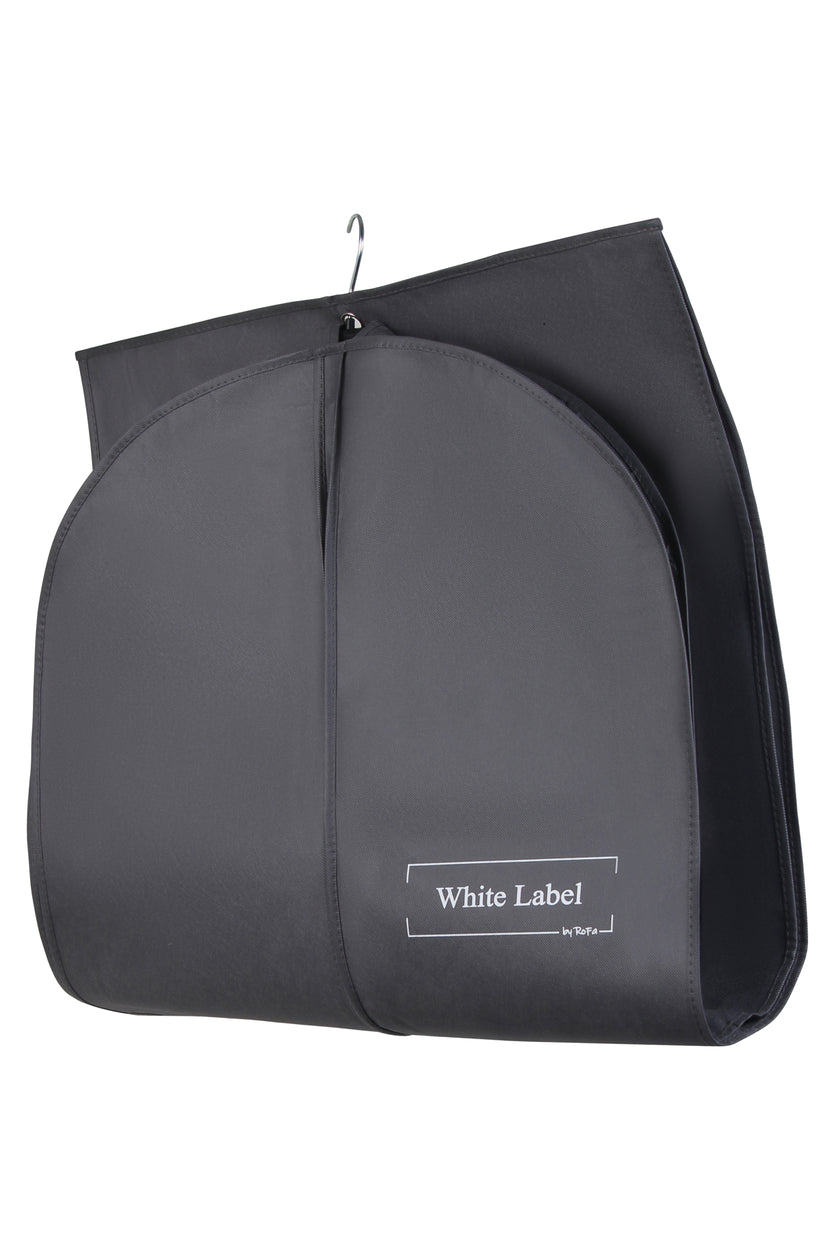 Hochwertiger grauer Kleidersack mit sichtbarem weißen Logo der Marke White Label by RoFa und großem Reißverschluss – gefaltet