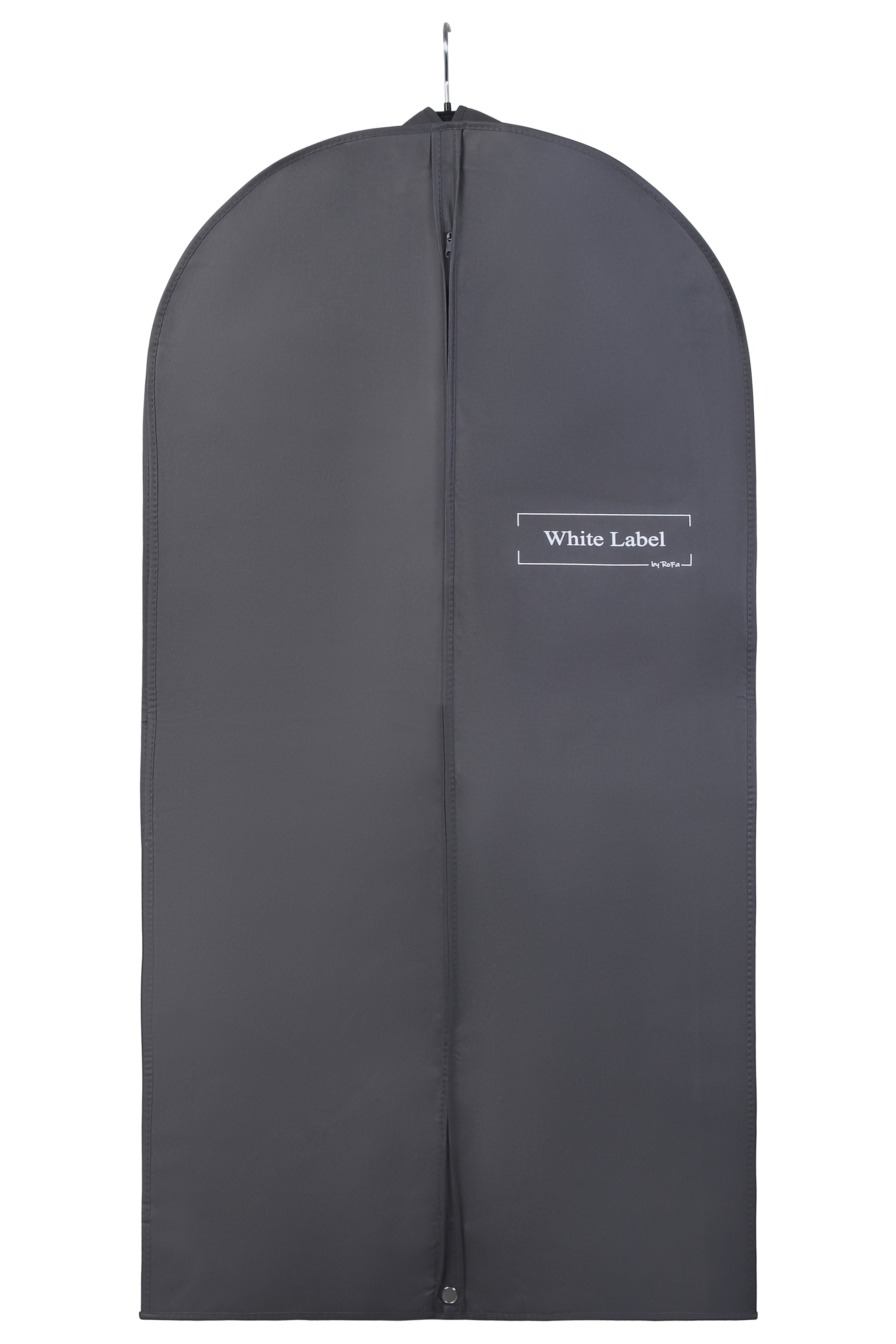 Hochwertiger grauer Kleidersack mit sichtbarem weißen Logo der Marke White Label by RoFa und großem Reißverschluss – Front