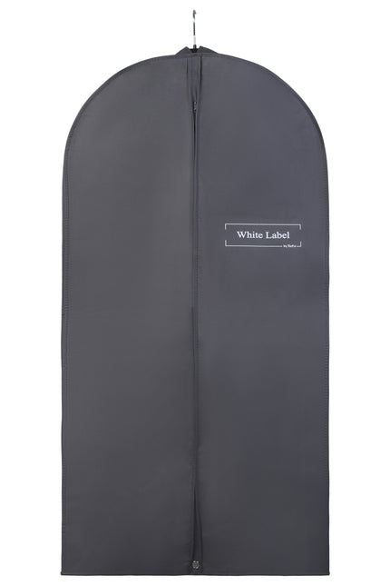 Hochwertiger grauer Kleidersack mit sichtbarem weißen Logo der Marke White Label by RoFa und großem Reißverschluss – Front