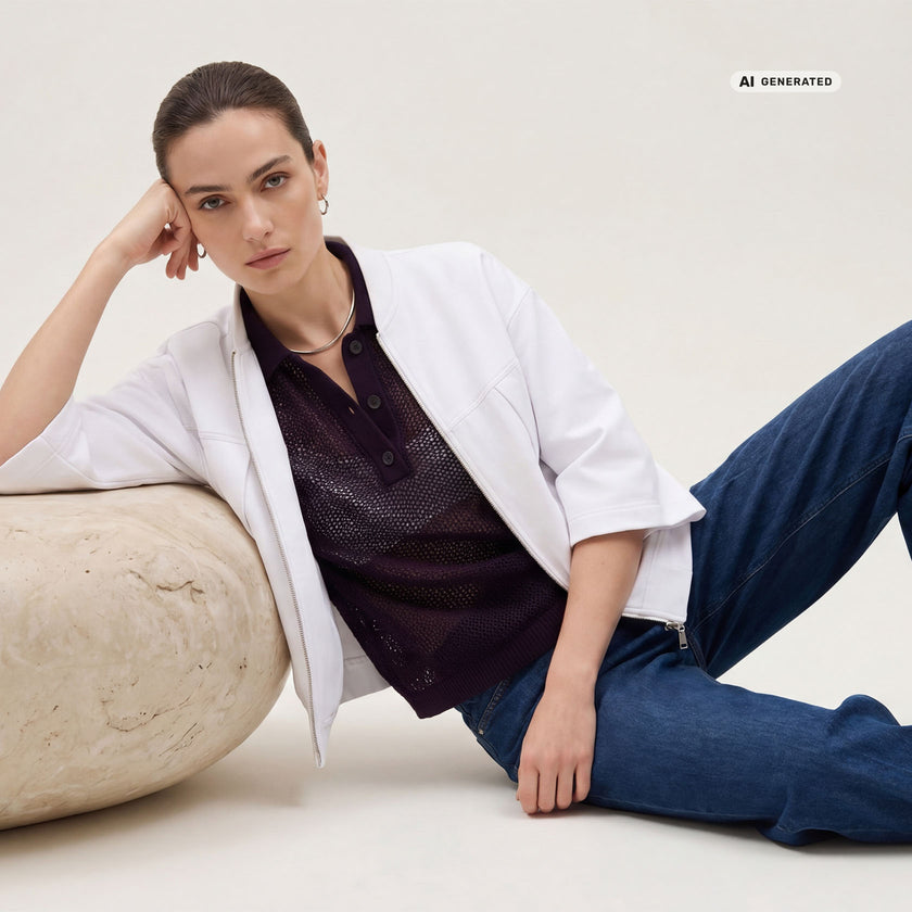 Das Model trägt einen Layering Look mit unserem Poloshirt und einem weißen Blouson.