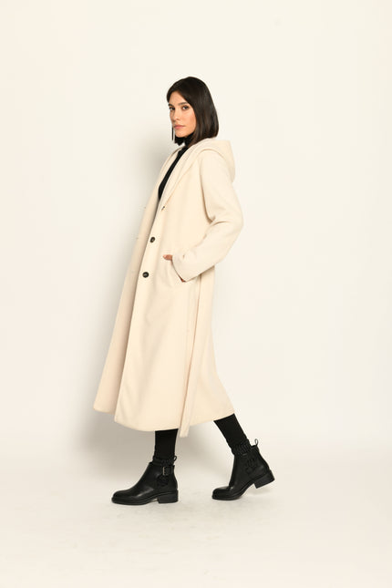 Langer cremefarbener Mantel für Damen mit Kapuze und Bindegürtel in der Taille - Seitenansicht links